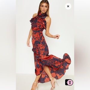 Navy Floral Print Frill Detail Wrap Maxi Dress, US 2